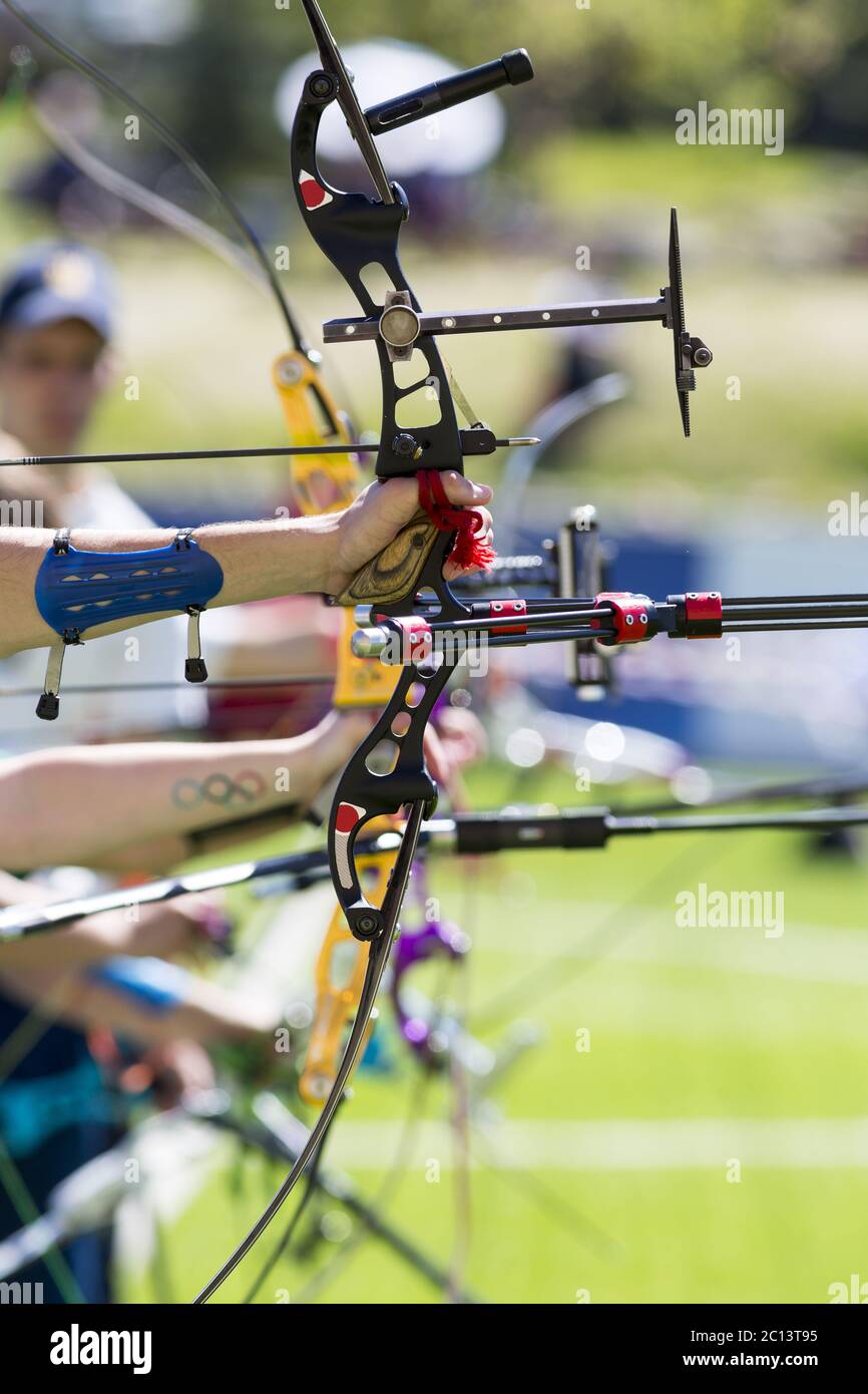 Recurve bow archery competition hand only. vertical Stock Photo Alamy
