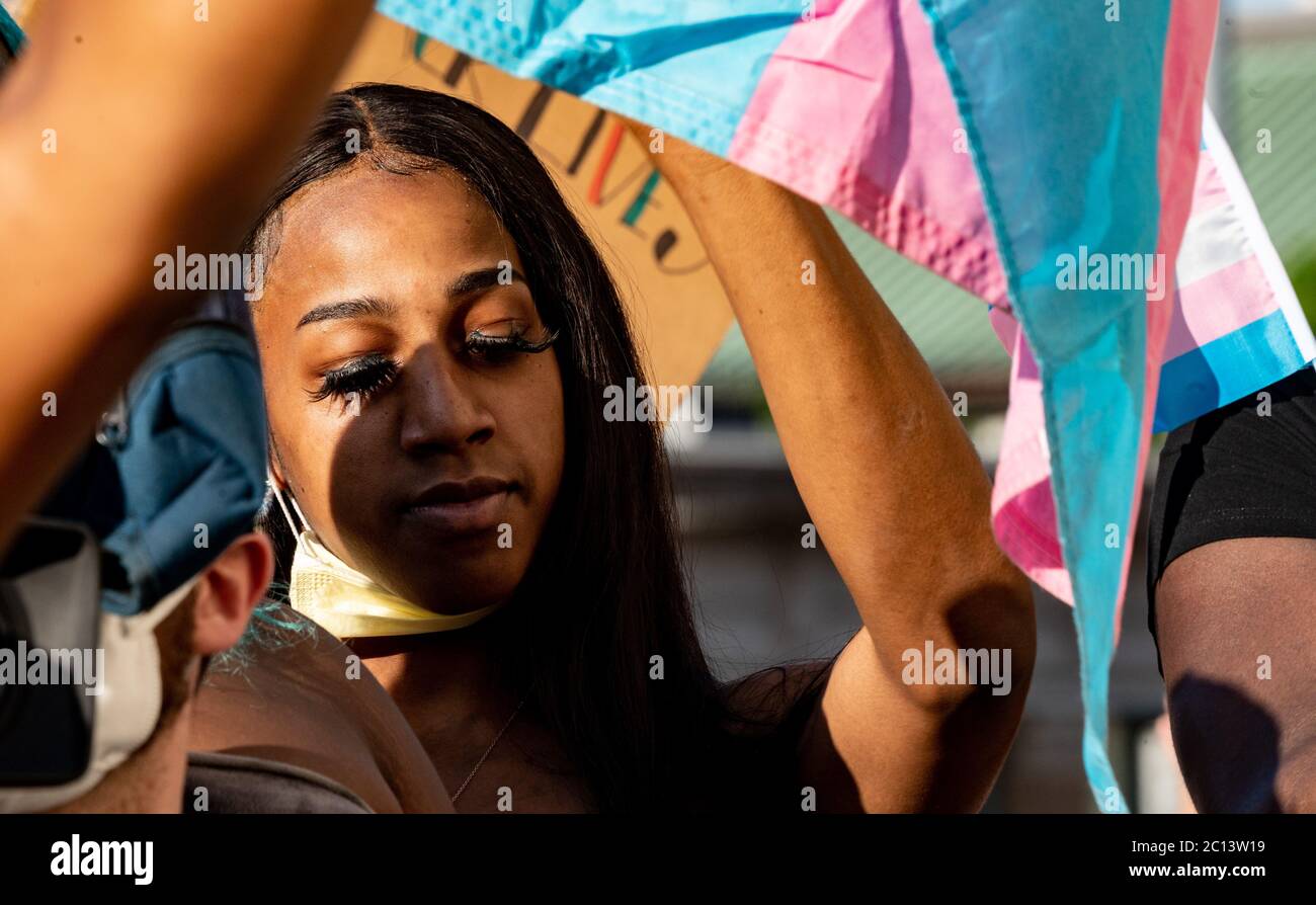 June 13, 2020, Boston, Massachusetts, USA: Protesters rally for Black Trans Lives Matter rally in front of Boston Police District 2 station Boston. Credit: Keiko Hiromi/AFLO/Alamy Live News Stock Photo