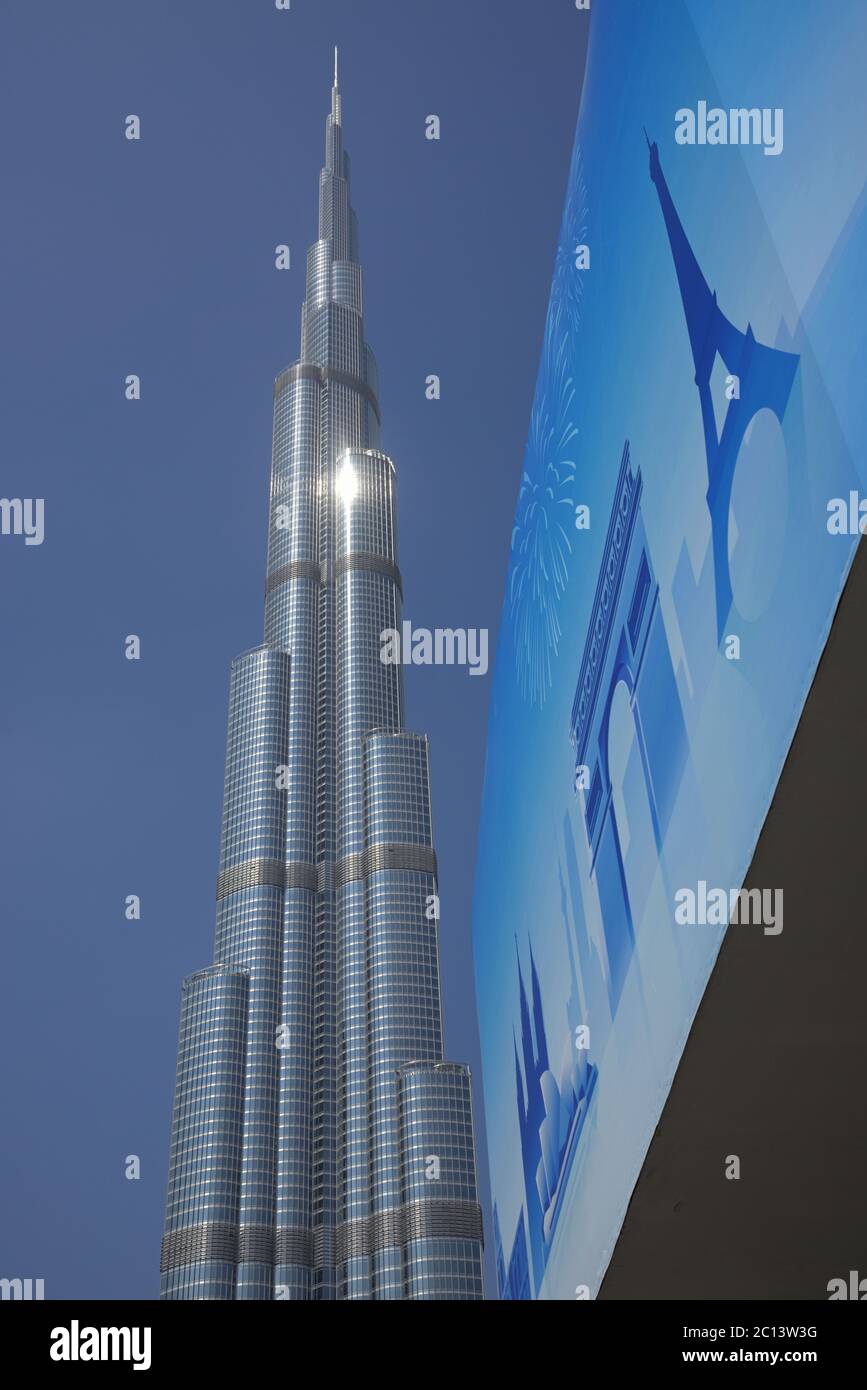 Burj Khalifa (Khalifa Tower) the world's tallest building with other international landmarks, Dubai UAE Stock Photo