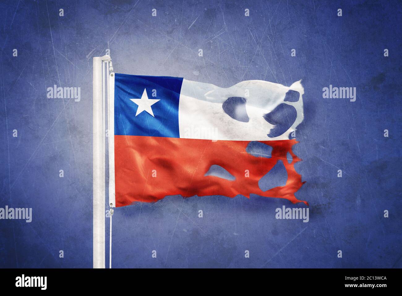 Torn flag of Chile flying against grunge background Stock Photo - Alamy
