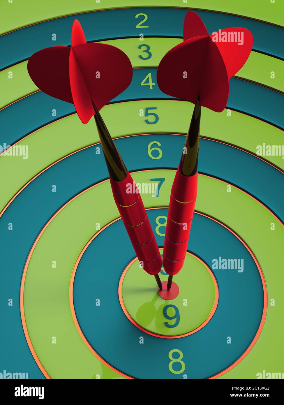 Two darts hitting the bullseye aim. concept of success 3d illustration Stock Photo