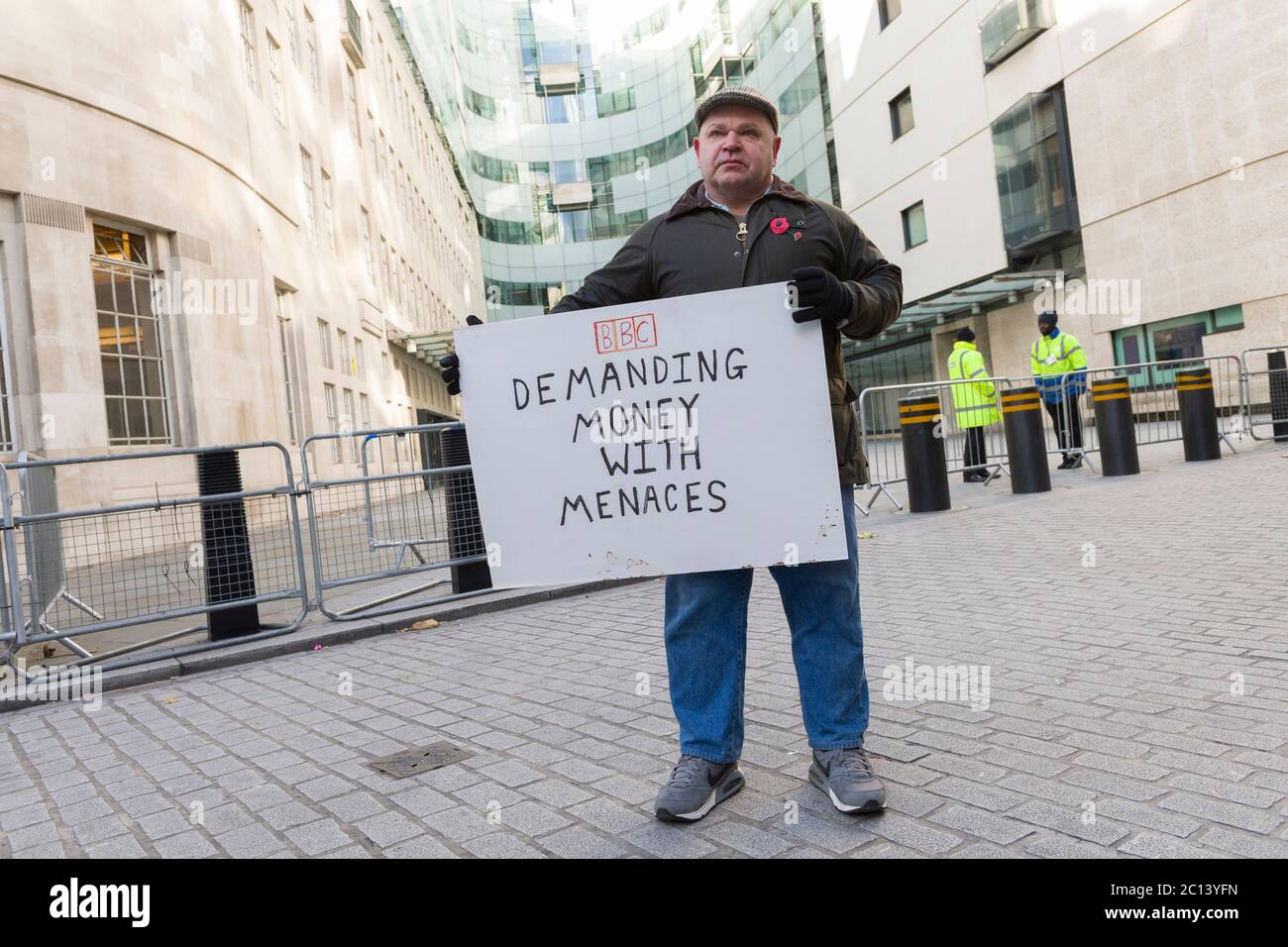 An anti BBC demonstration, outside Broadcasting House, the HQ of the BBC, before marching Houses of Parliament. The protesters where demonstrating aga Stock Photo