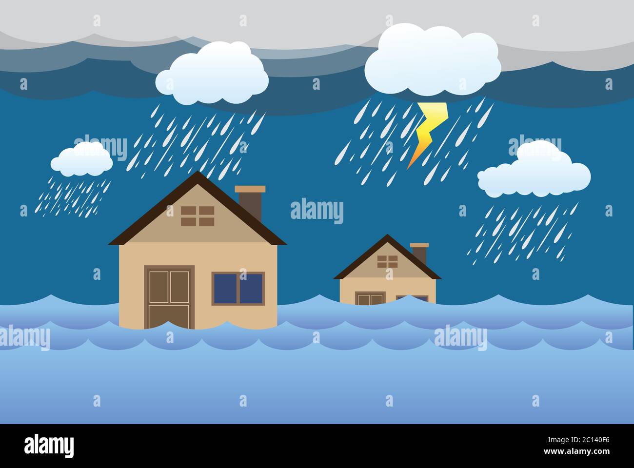 Flood natural disaster with house, heavy rain and storm , damage with