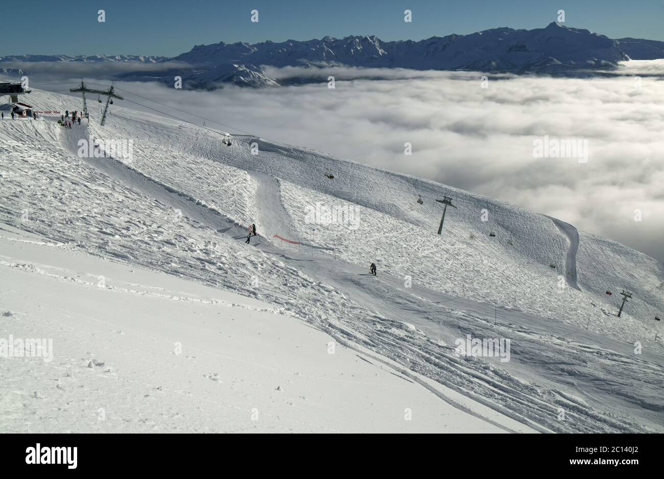 Ski slopes on the southern slope Aibga Ridge of Western Caucasus at Rosa Khutor Alpine Resort Stock Photo