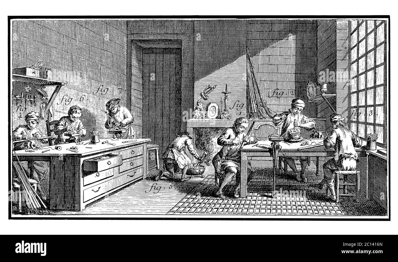 18th century illustration of workshop for damascening. The art of chasing surfaces of steel with gold or silver patterns so as to make metalic mosaic, Stock Photo