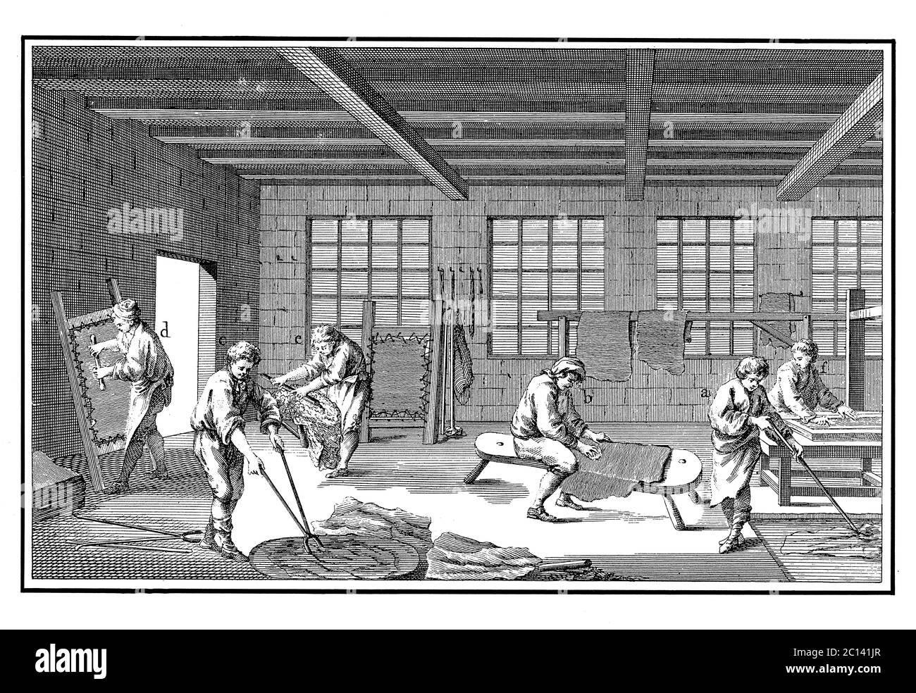 18th century illustration representing parchement workshop activities - unhairing and scraping; soaking and washing; stretching; chalking and pumicing Stock Photo