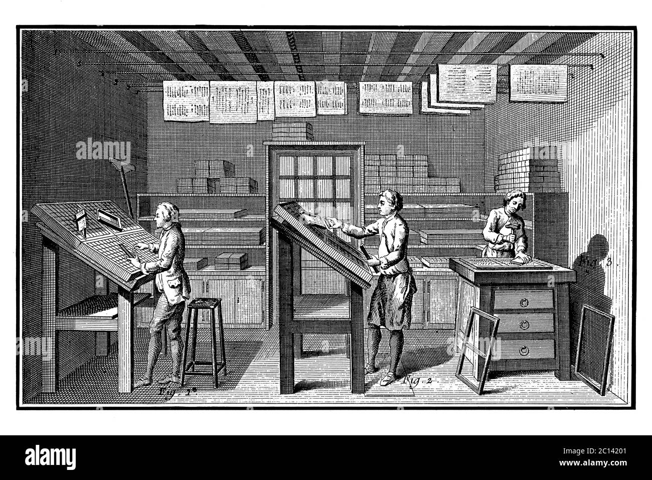 18th century illustration of a composing room of a print workshop. Published in 'A Diderot Pictorial Encyclopedia of Trades and Industry. Manufacturin Stock Photo