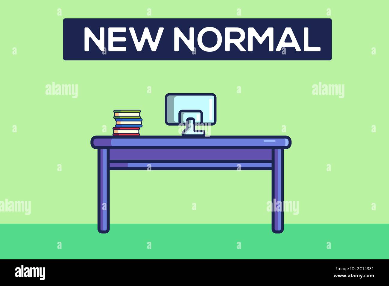 New Normal. Start Working. Work Desk With Computer and Books Vector illustration Stock Vector