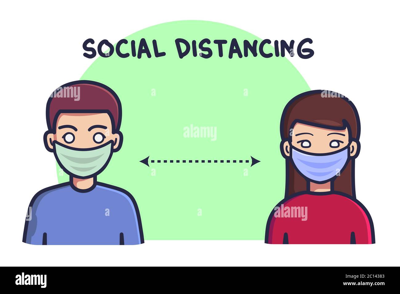 Social distancing, keep distance in public society people to protect from COVID-19, men and women keep their distance. Flat cartoon style. Vector illu Stock Vector