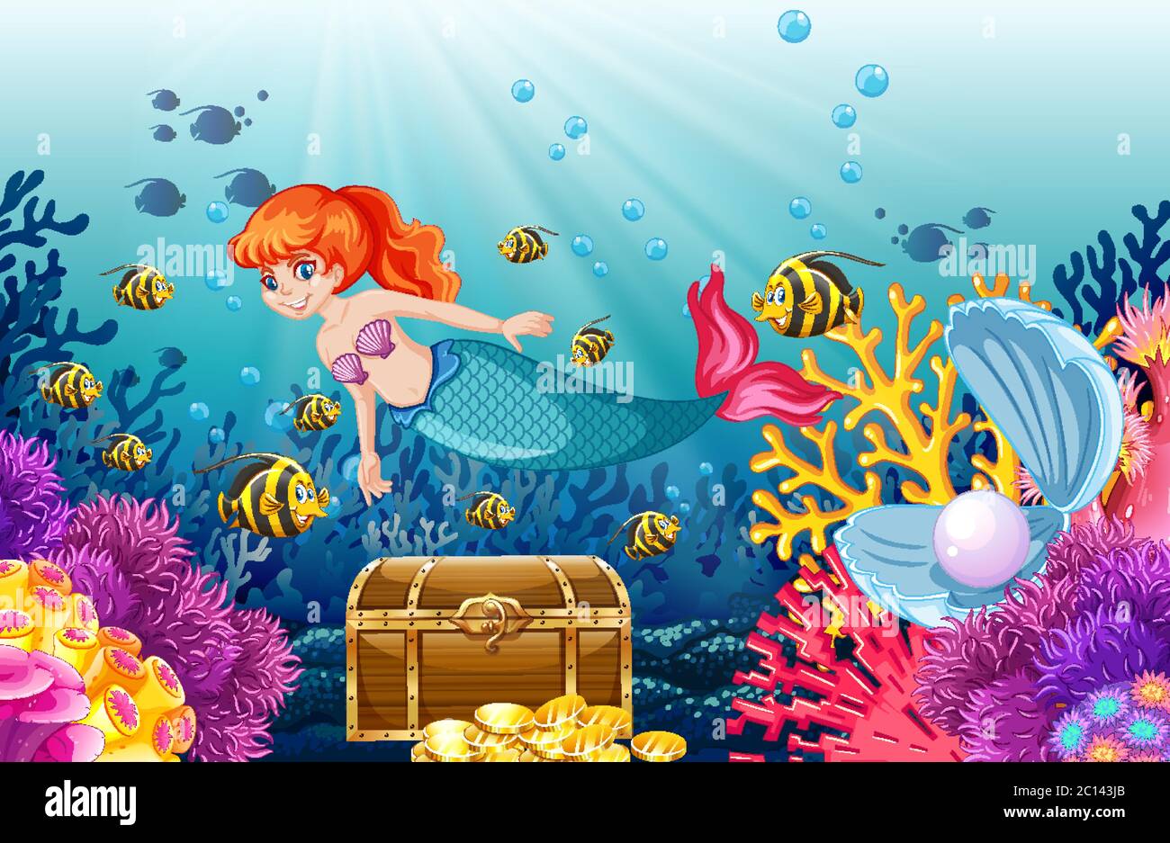 Set of sea animals and mermaid cartoon style on under sea background  illustration Stock Vector Image & Art - Alamy