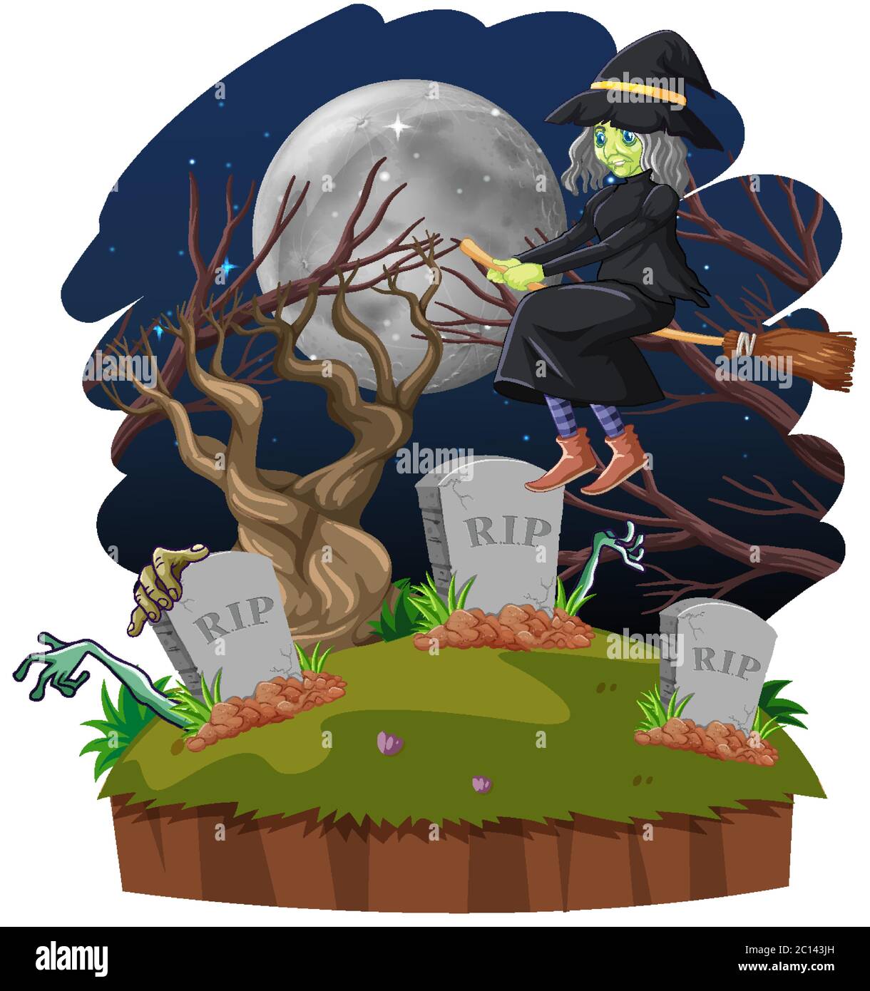 Witch riding broomstick on the sky and tomb isolated on white ...