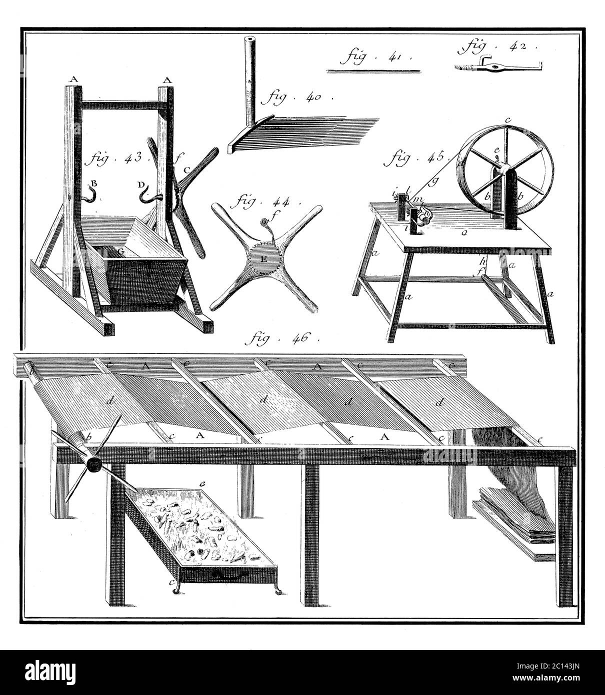Antique illustration of combining and finishing devices: tube for washing and wringing woolens (fig. 43), spinning wheel (fig. 45), frame for finishin Stock Photo