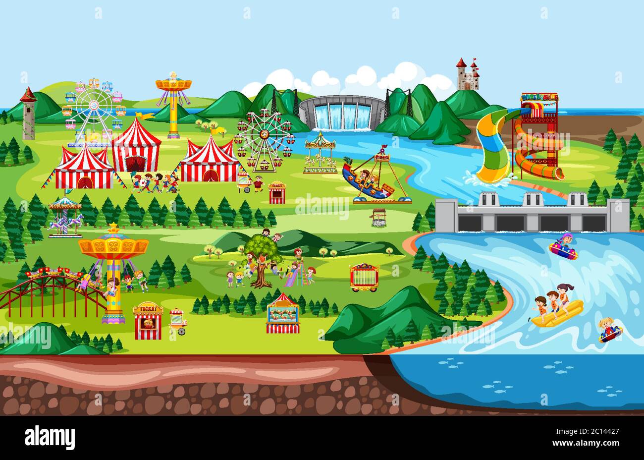 Theme amusement park landscape scene and many rides with happy children ...