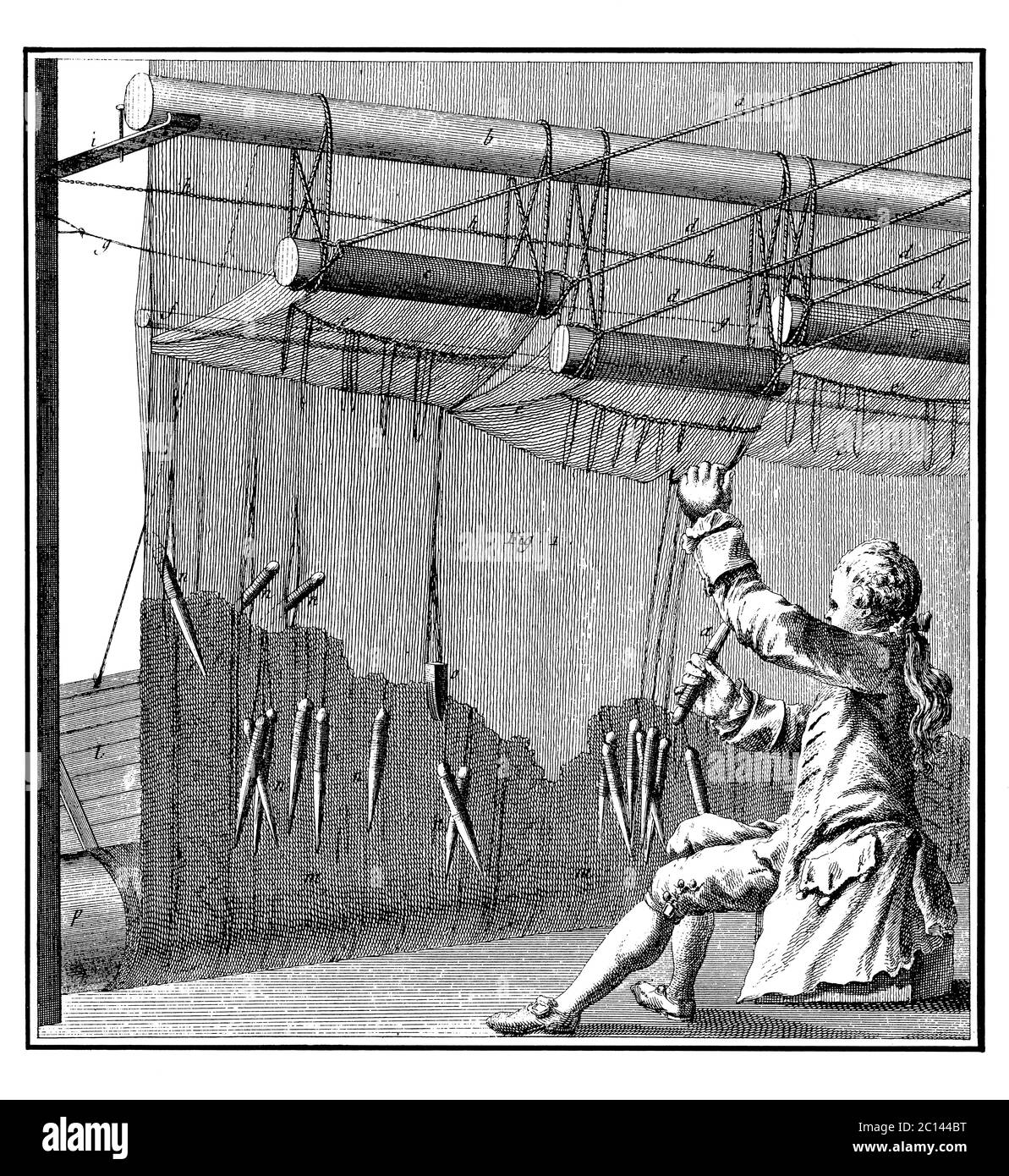 Antique illustration of technique of weaving tapestries. Published in