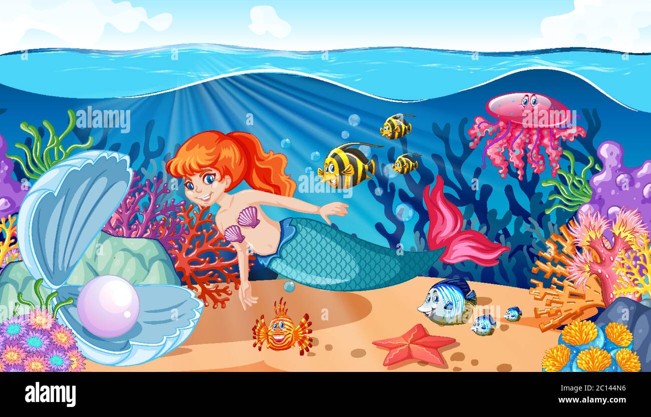 Mermaid And Sea Animal Theme Cartoon Style On Under Sea Background Illustration Stock Vector Image Art Alamy