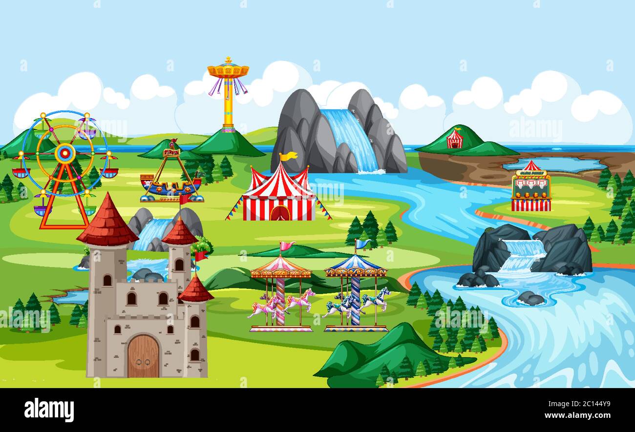 Amusement park with castle and many rides landscape scene illustration ...