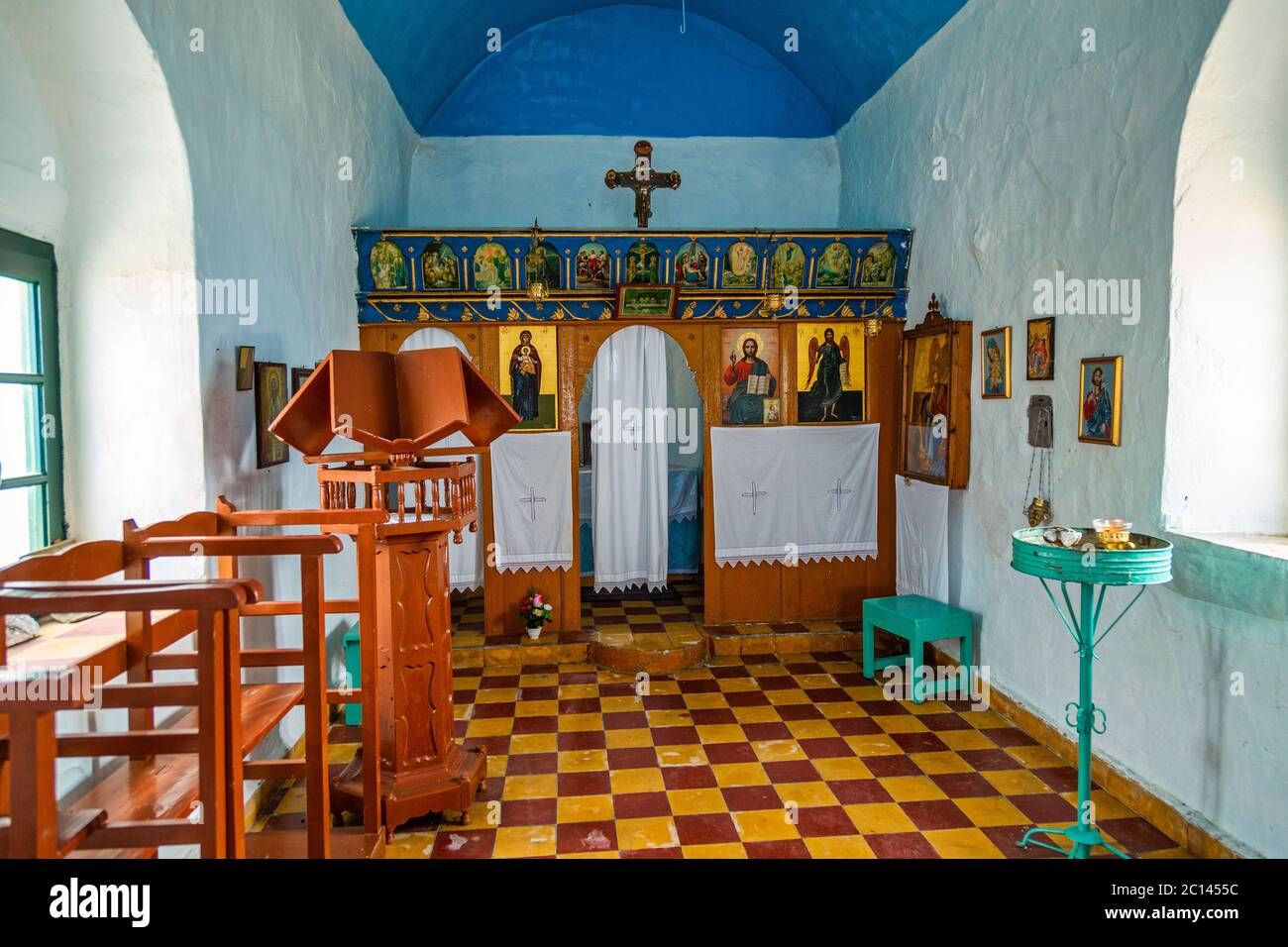 Milos Greece - 7 June 2015, Interior of small Greek Orthodox Church Stock Photo