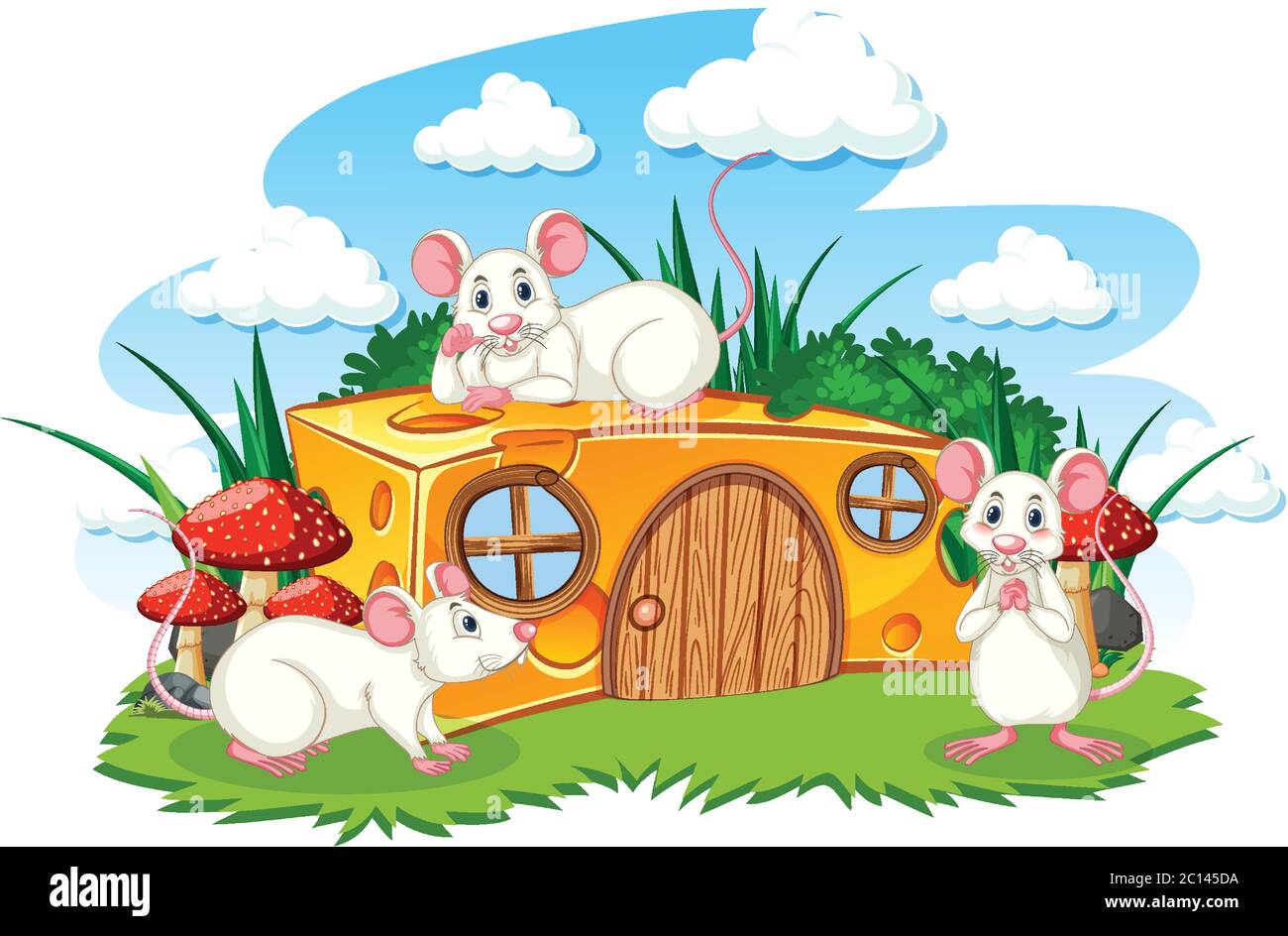 Cheese house with three mouses cartoon style on white background