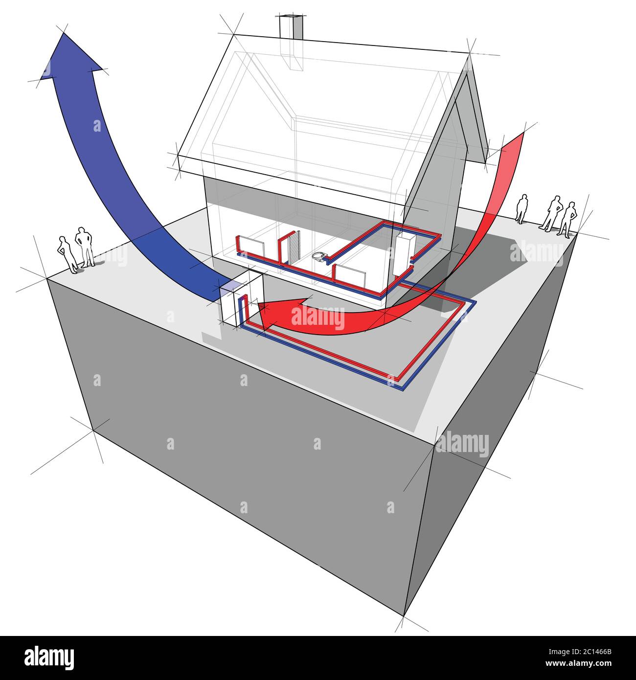 3d illustration of simple detached house with air-source heat pump as source of energy for heating Stock Vector
