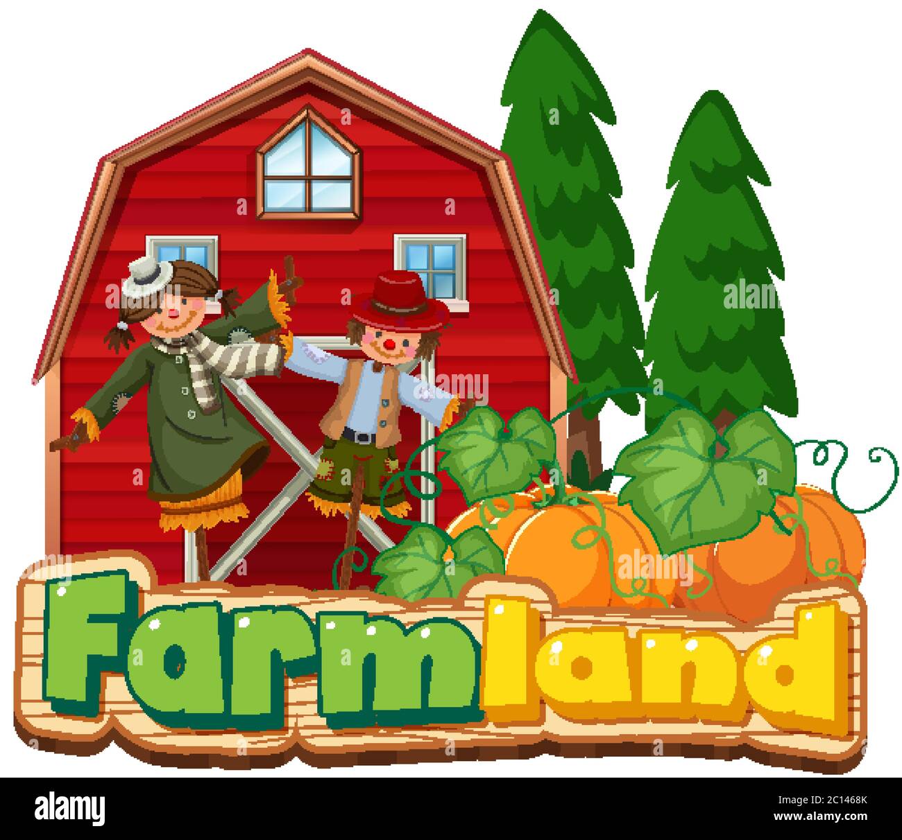 Font design for farmland with scarecrows and red barn illustration Stock Vector