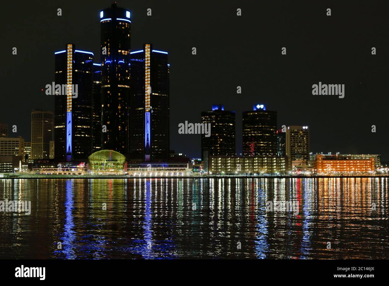 Detroit Michigan USA -  April 017. Night time view of Detroit Michigan United States of America form Windsor Ontario Canada Stock Photo