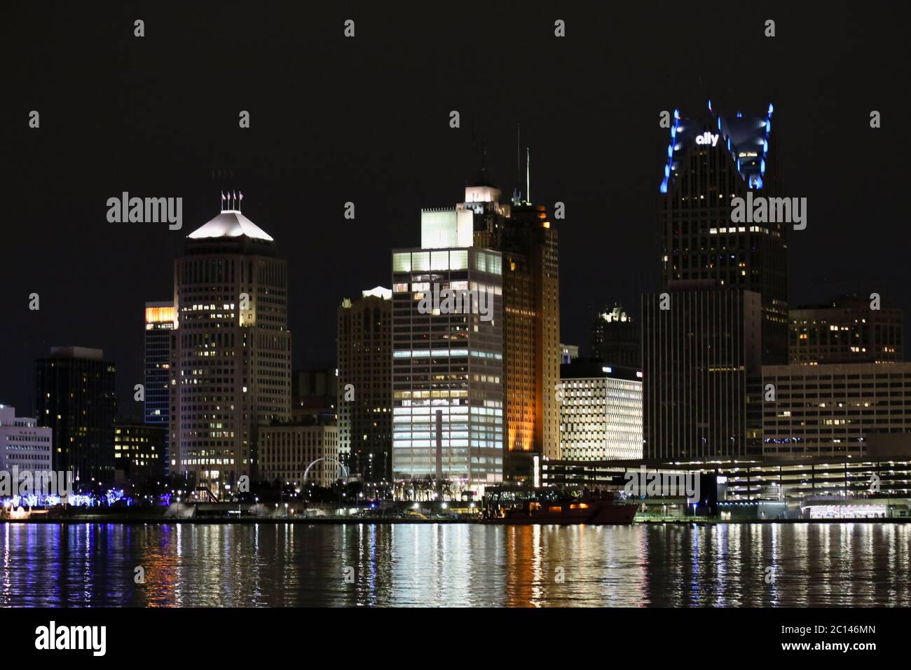 Detroit Michigan USA -  April 017. Night time view of Detroit Michigan United States of America form Windsor Ontario Canada Stock Photo