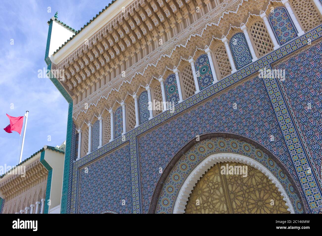 Facade of the Dar el-Makhzen palace with famous golden doors in Fes, Morocco Stock Photo
