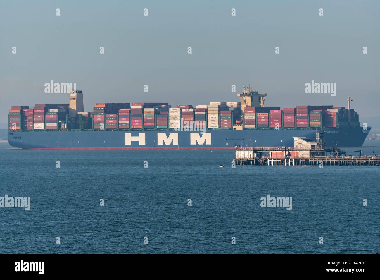 Southend on Sea, Essex, UK. 14th Jun, 2020. Hyundai Merchant Marine (HMM)  Algeciras is seen passing Southend on Sea, Essex, at 06:45 on the Thames  Estuary bound for DP World London Gateway