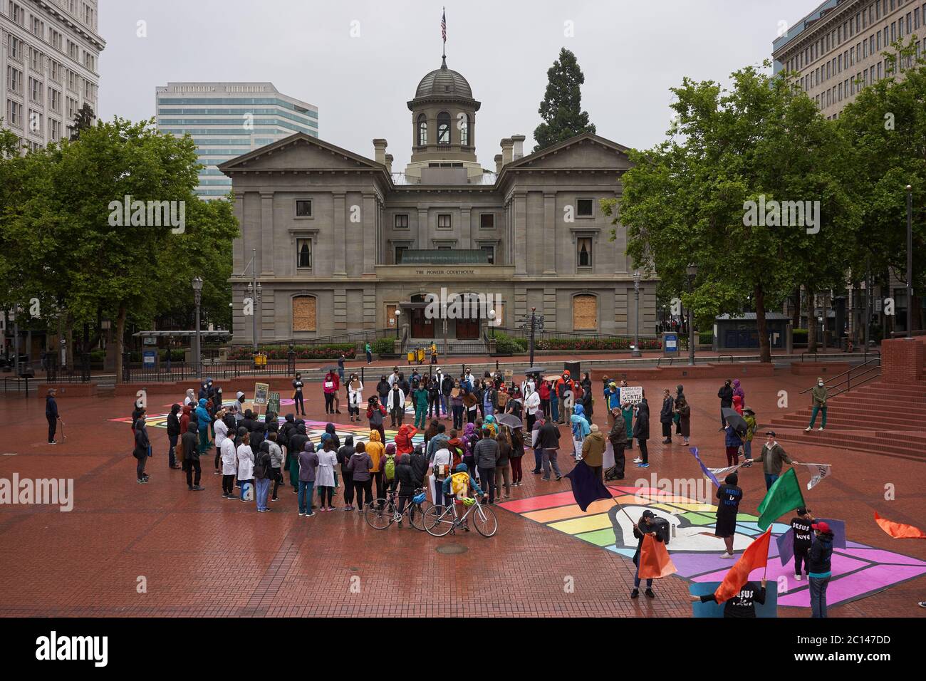 BLM demonstrators gather at the Pioneer Courthouse Square in downtown Portland, Oregon, on Saturday, Jun 13, 2020. Stock Photo