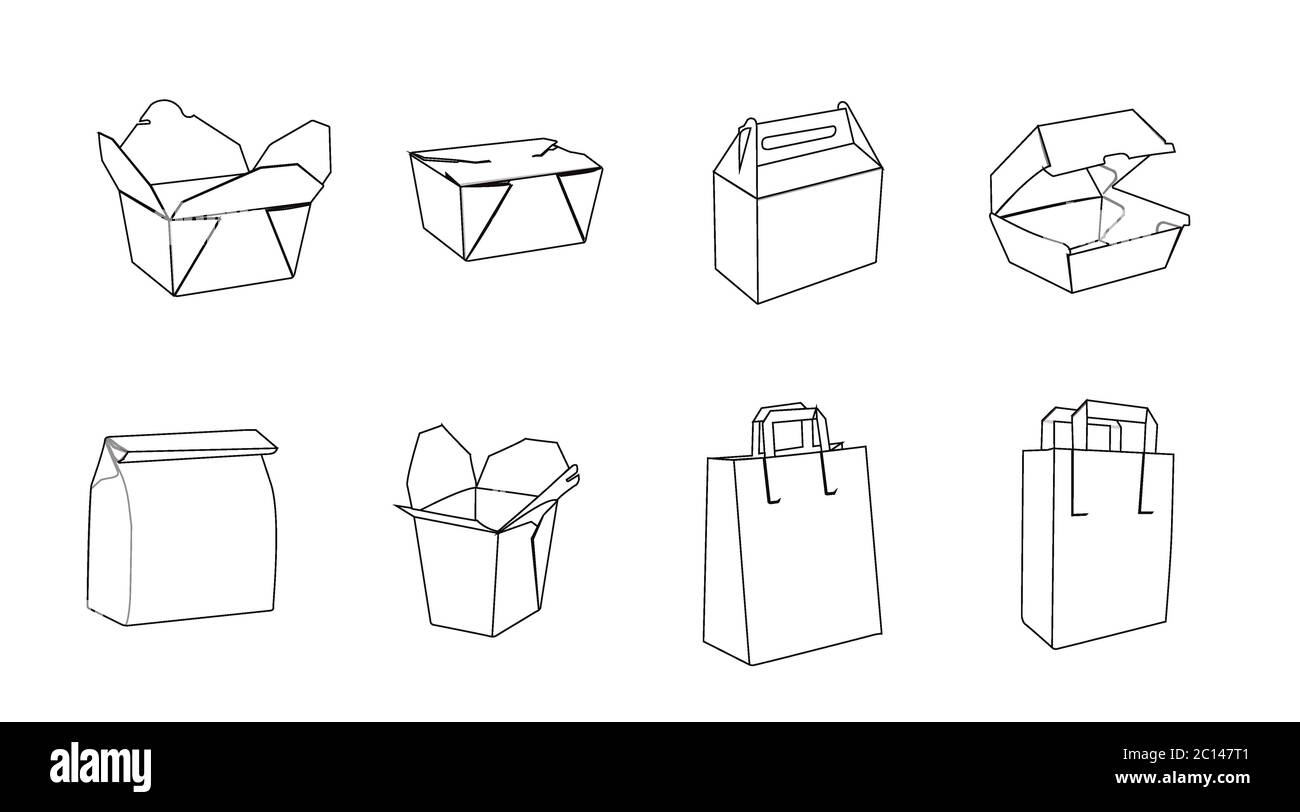 Vector Isolated Set of Different Paper Bags or Take Away Boxes in black