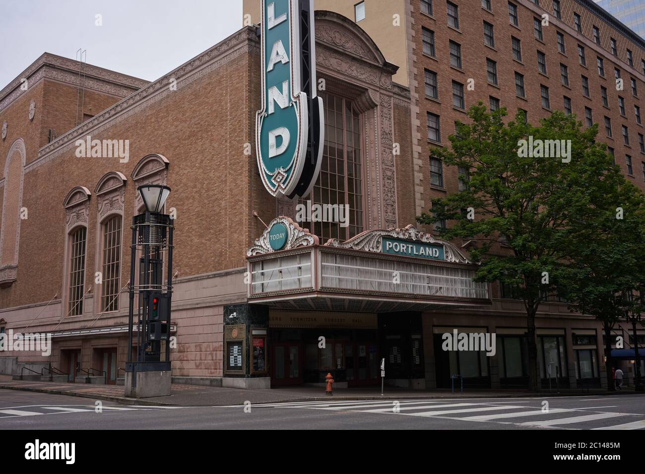 Closed Arlene Schnitzer Concert Hall and deserted street in downtown Portland, Oregon, during the coronavirus pandemic, seen on Saturday, Jun 13, 2020. Stock Photo