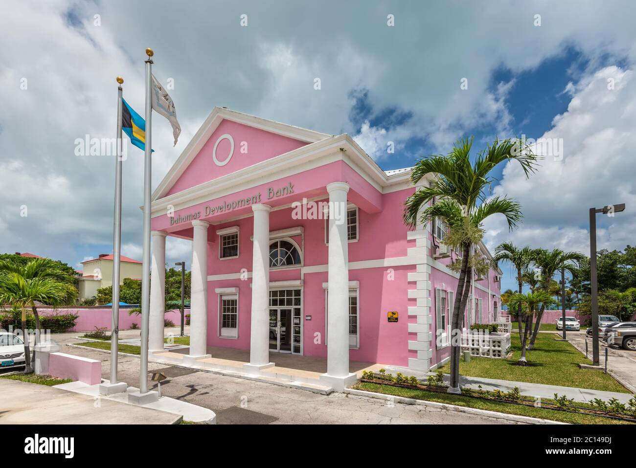 Nassau, Bahamas - May 3, 2019: Pink building of Bahamas Development Bank in Nassau. The Bahamas Development Bank, a wholly owned government institutio Stock Photo