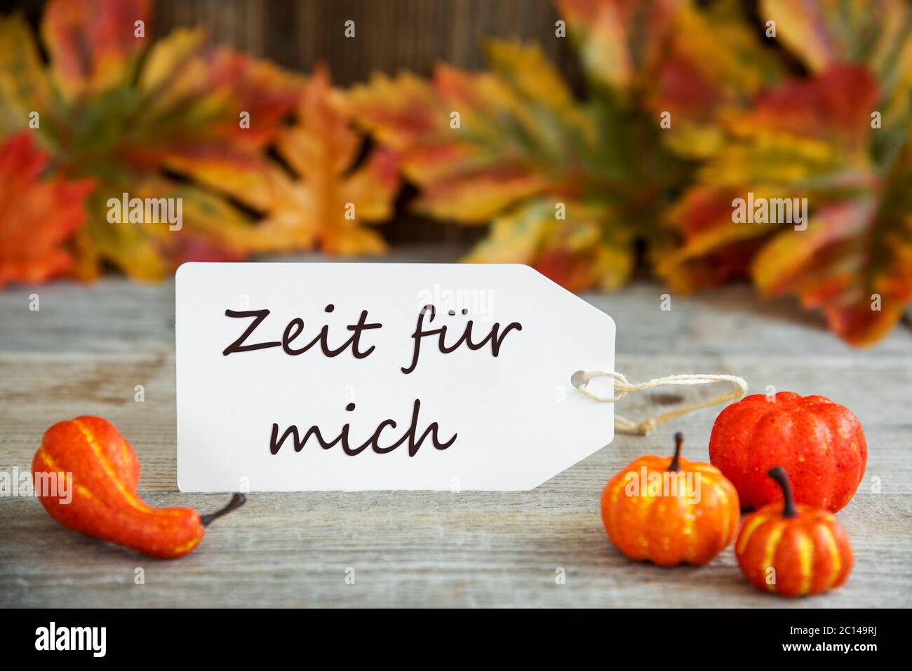 Label With Text Zeit Fuer Mich Means Time For Me, Pumpkin And Leaves Stock Photo