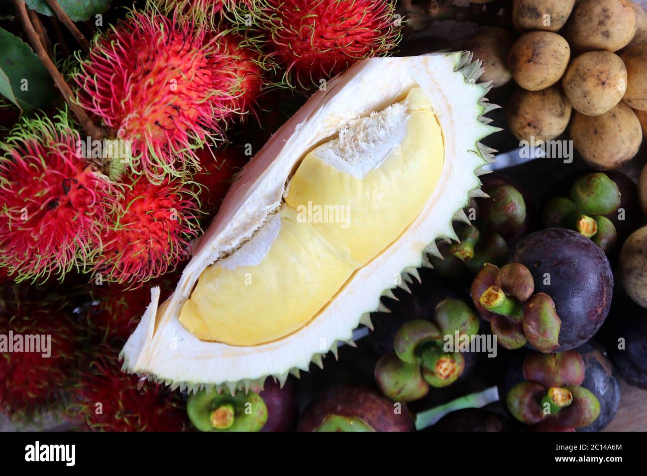 famous Thai fruit, durian mangosteen and rambutan on wooden table Stock Photo Alamy