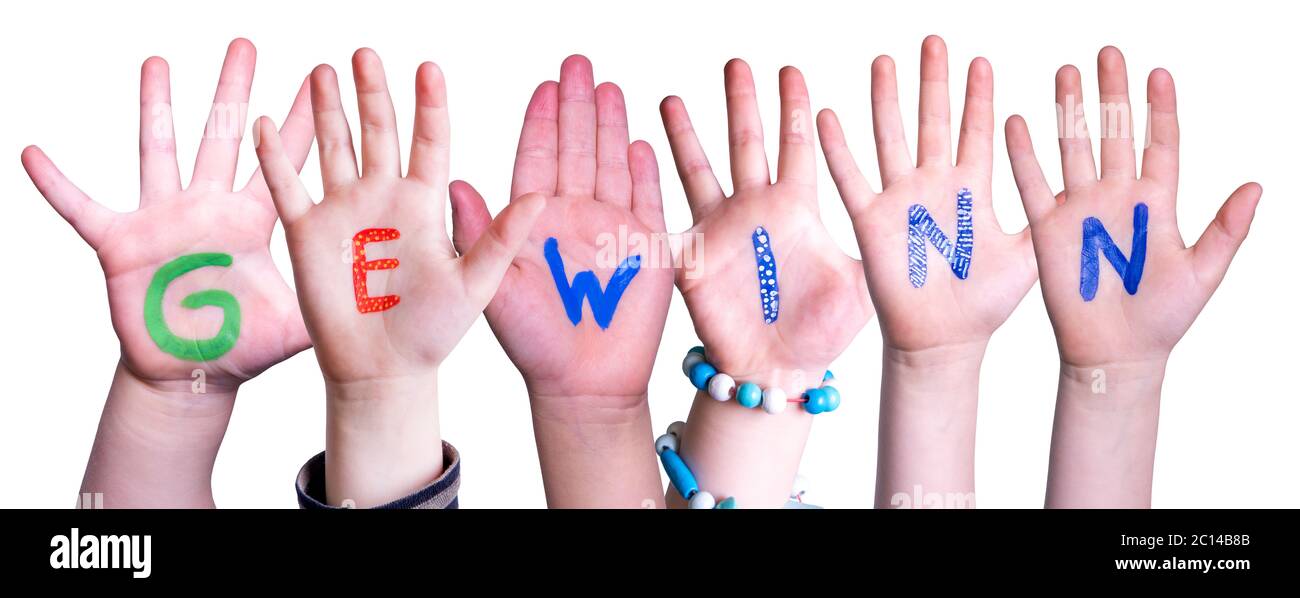 Children Hands Building Word Gewinn Means Prize, Isolated Background Stock Photo