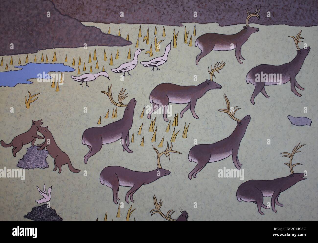 Caribou Wandering Into Inuit Camp Looking For Food by Cape Dorset Artist Mary Pudlat Stock Photo