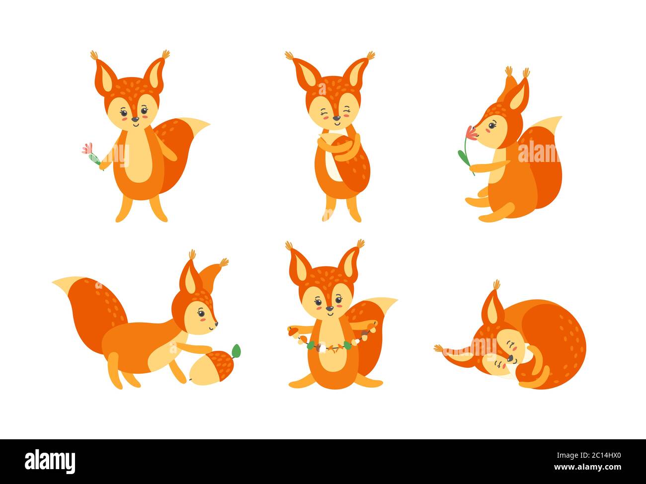 Colorful set of cute squirrels. Standing, sleeping and sitting character picture en face and in profile. Vector illustration in flat style Stock Vector