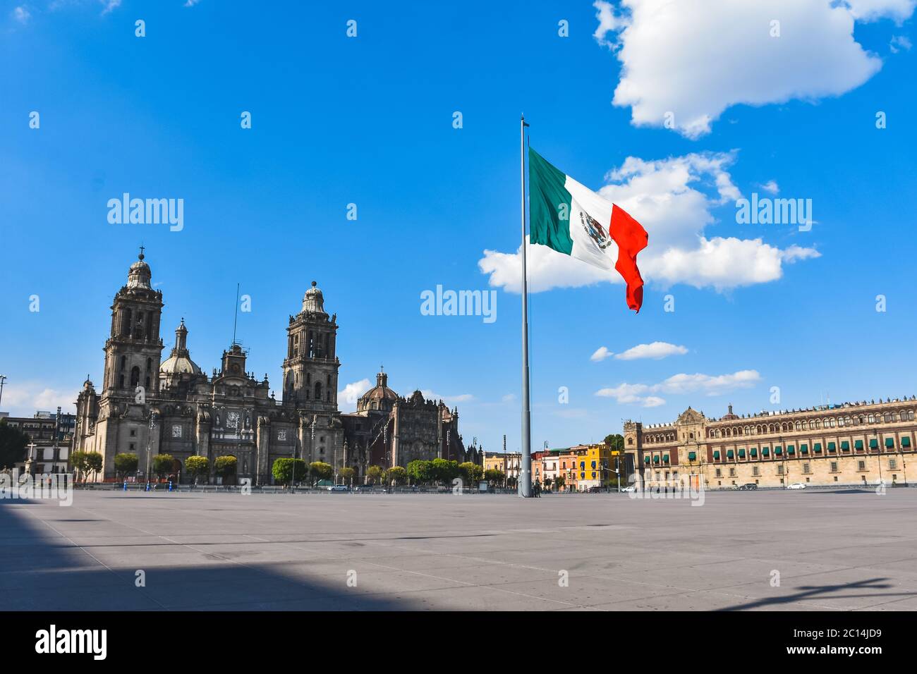 Mexico City, Mexico ; April 26 2020: Zocalo square and metropolitan cathedral in the historic center of Mexico City closed during Coronavirus outbreak Stock Photo