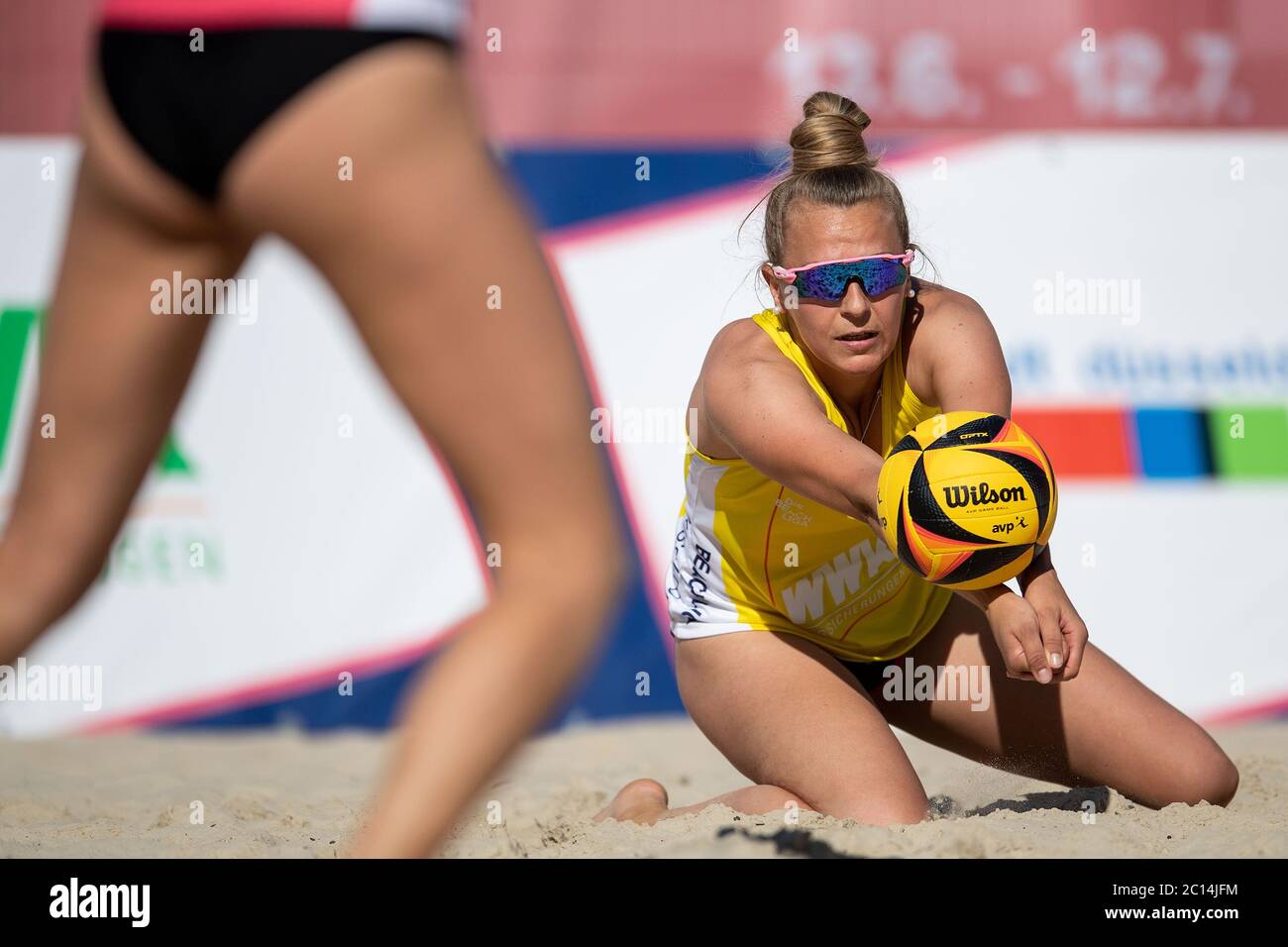 Duesseldorf, Germany. 13th June, 2020. Beach volleyball, beach league, preliminary round, women Overlander/Overlander - Stautz/Welsch