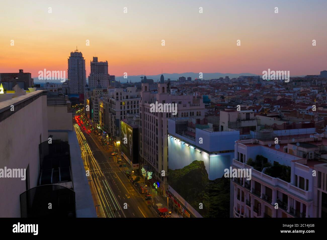 Elevated view of Gran Via, Madrid, Spain at sunset Stock Photo