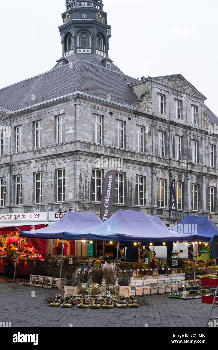 View of market stalls with flowers and with the Maastricht city hall