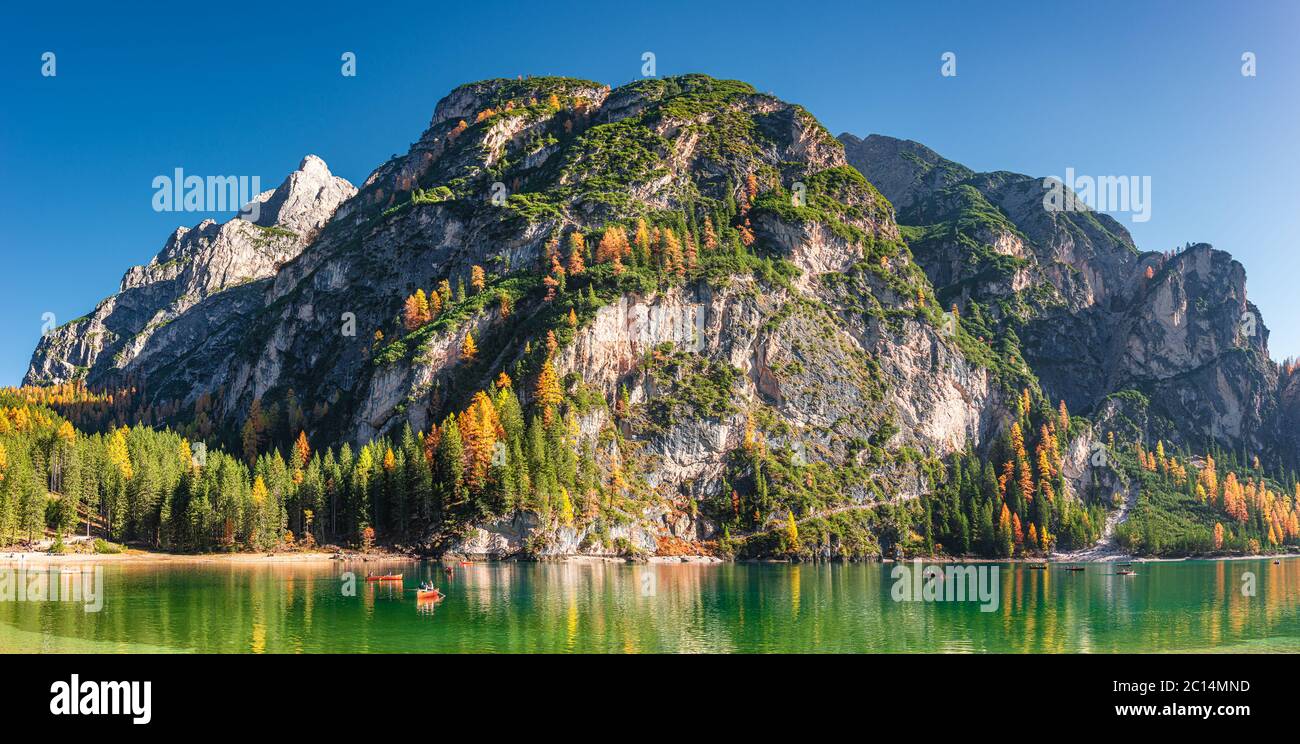 Panoramic View Over The Braies Lake Lago Di Braies And Dolomite Panoramic View Over The Braies Lake Lago Di Braies And Dolomite