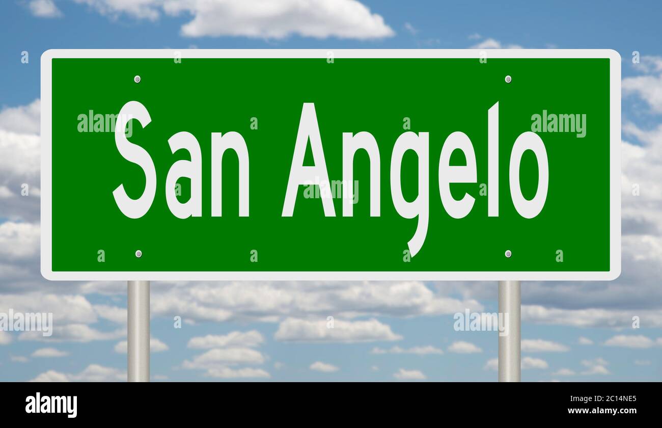 Rendering of a green highway sign for San Angelo Texas Stock Photo