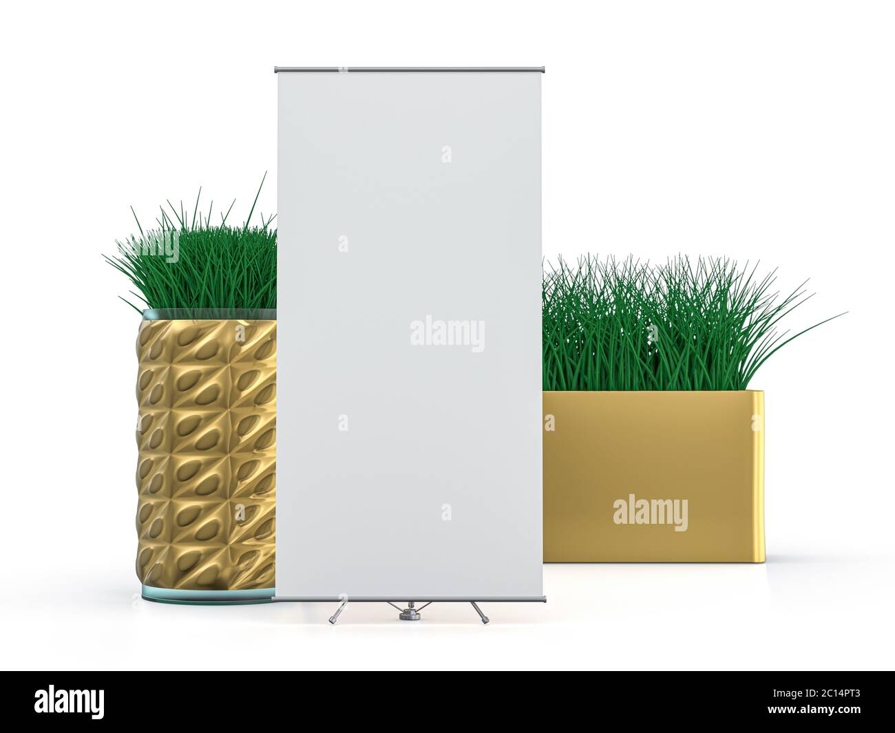 Roll up banner stand. Mockup on white background. 3D rendering. Stock Photo