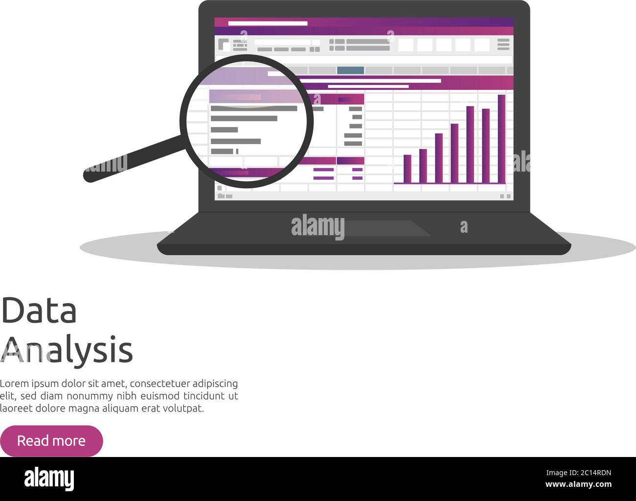  A laptop with a magnifying glass on the screen shows graphs and charts representing the return on investment (ROI) of marketing campaigns.