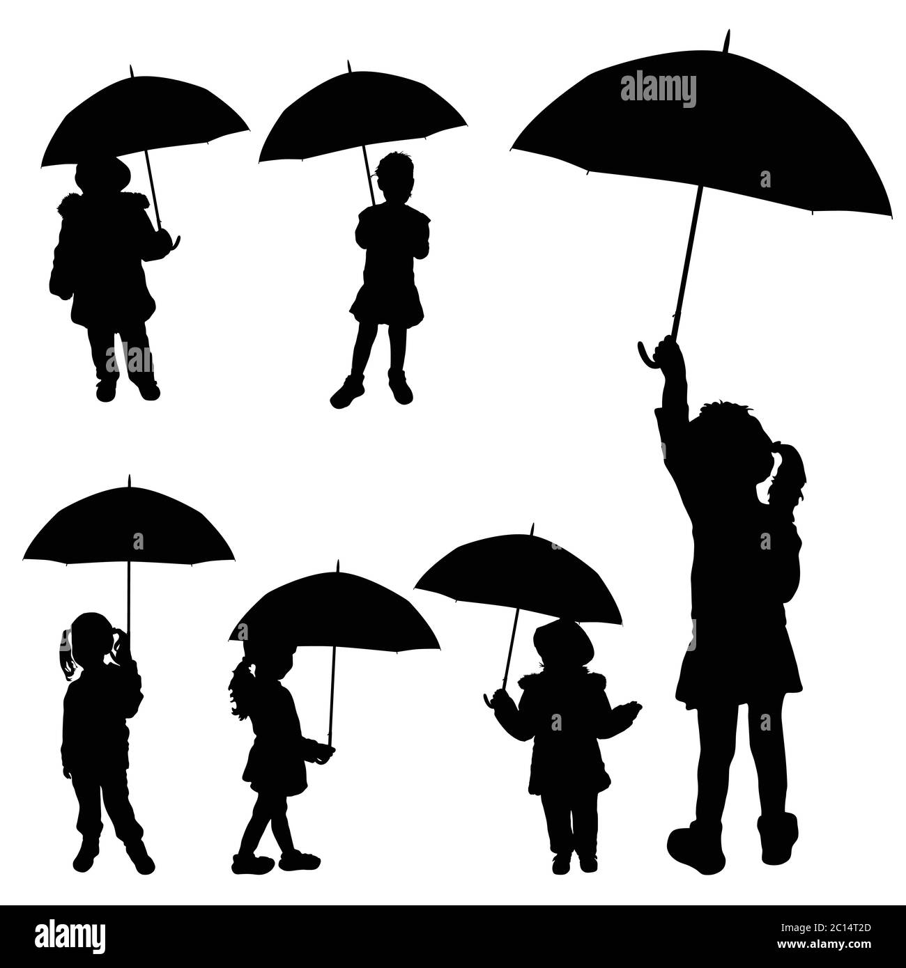 child girl holding umbrella silhouette on white Stock Vector