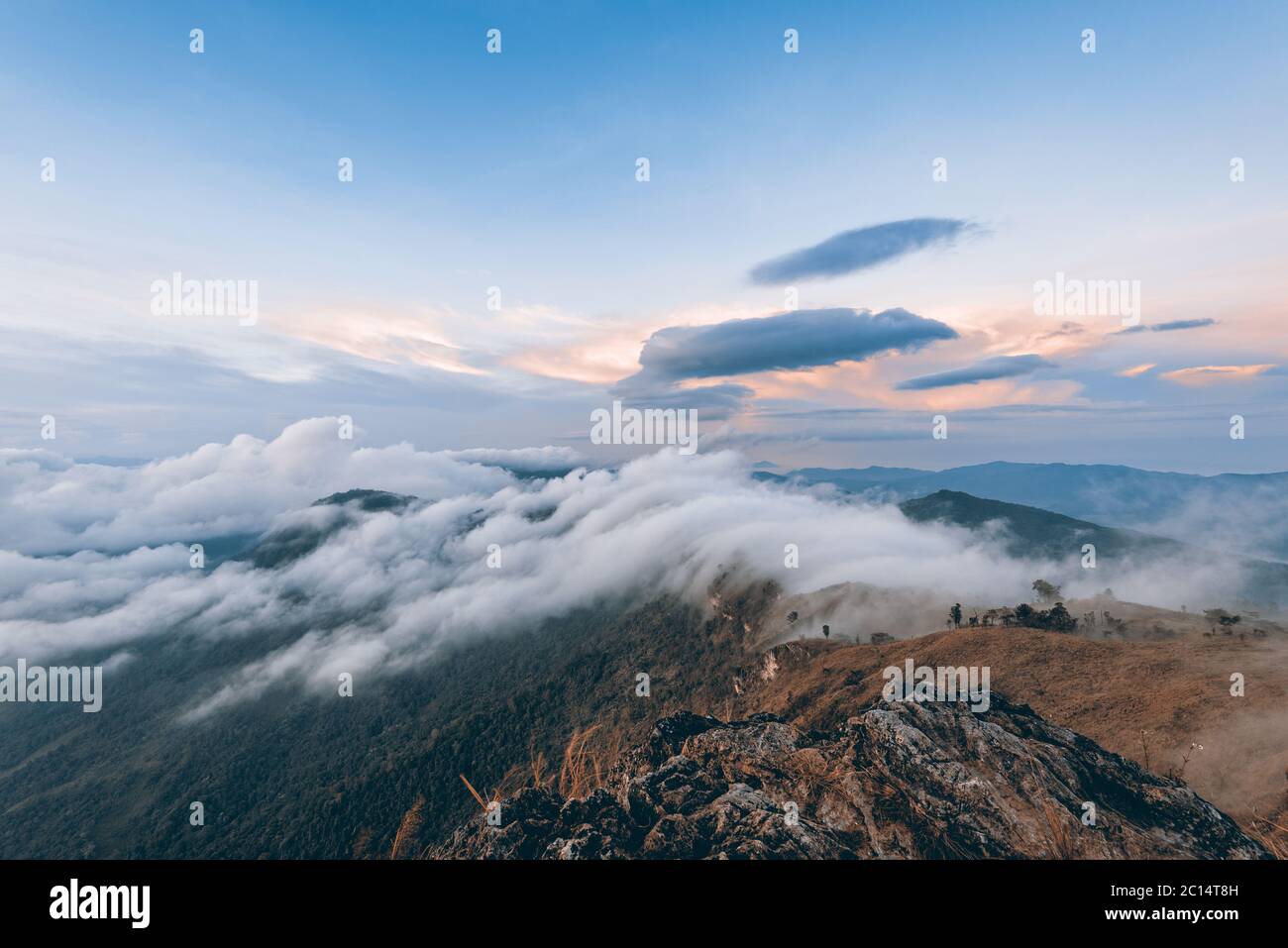 Sunrise at mountain in Sienna-Blue color two tone Stock Photo