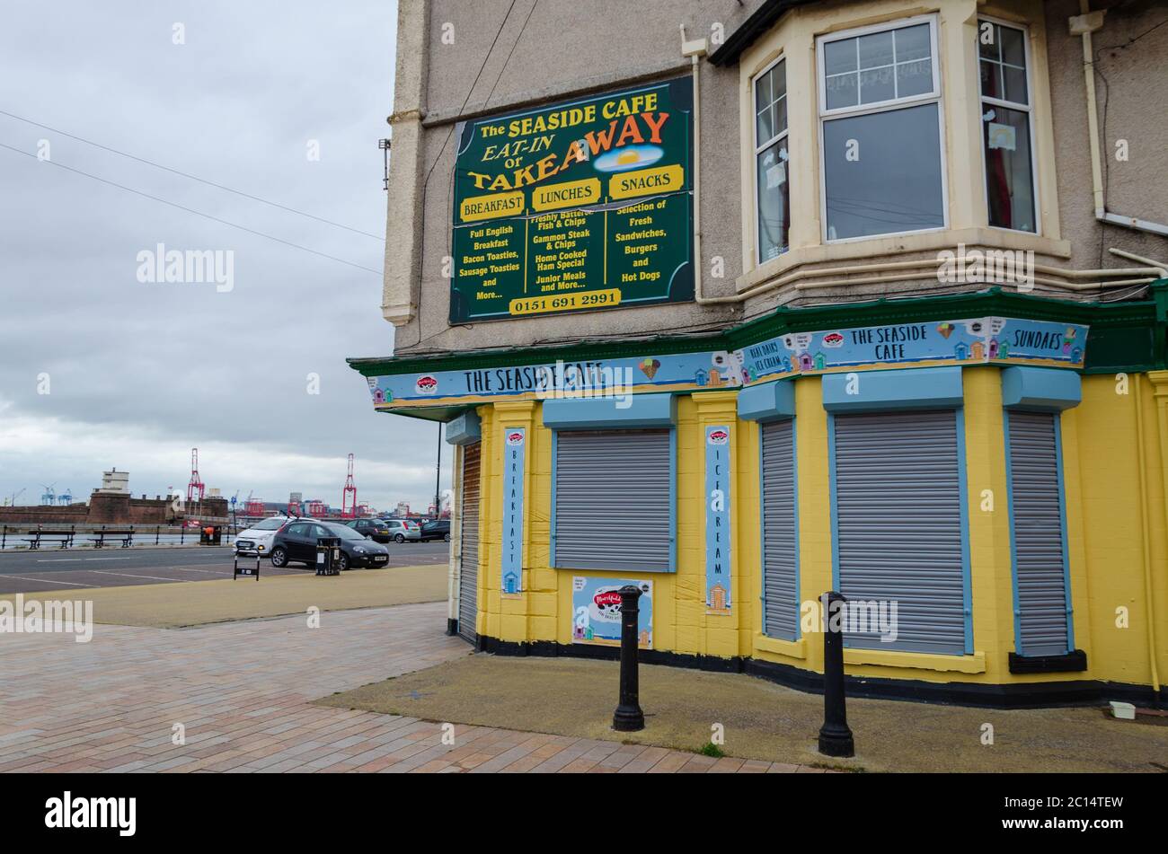 New Brighton, UK: Jun 3, 2020: A street view shows the impact of Corona virus pandemic on businesses which are required by law to close temporarily. Stock Photo