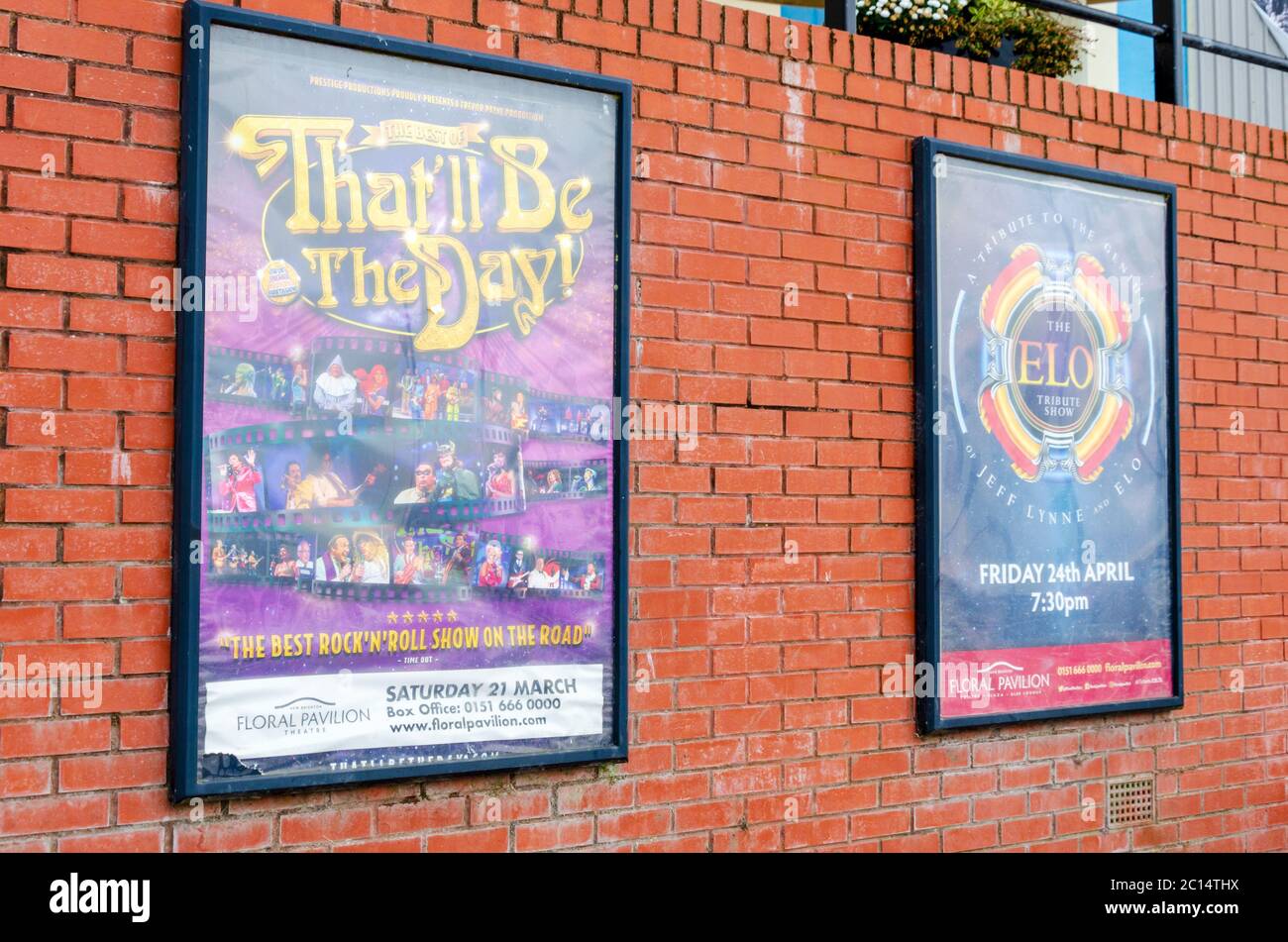 New Brighton, UK: Jun 3, 2020:Out of date posters advertise shows which never went ahead at the temporarily closed Floral Pavillion theatre and confer Stock Photo