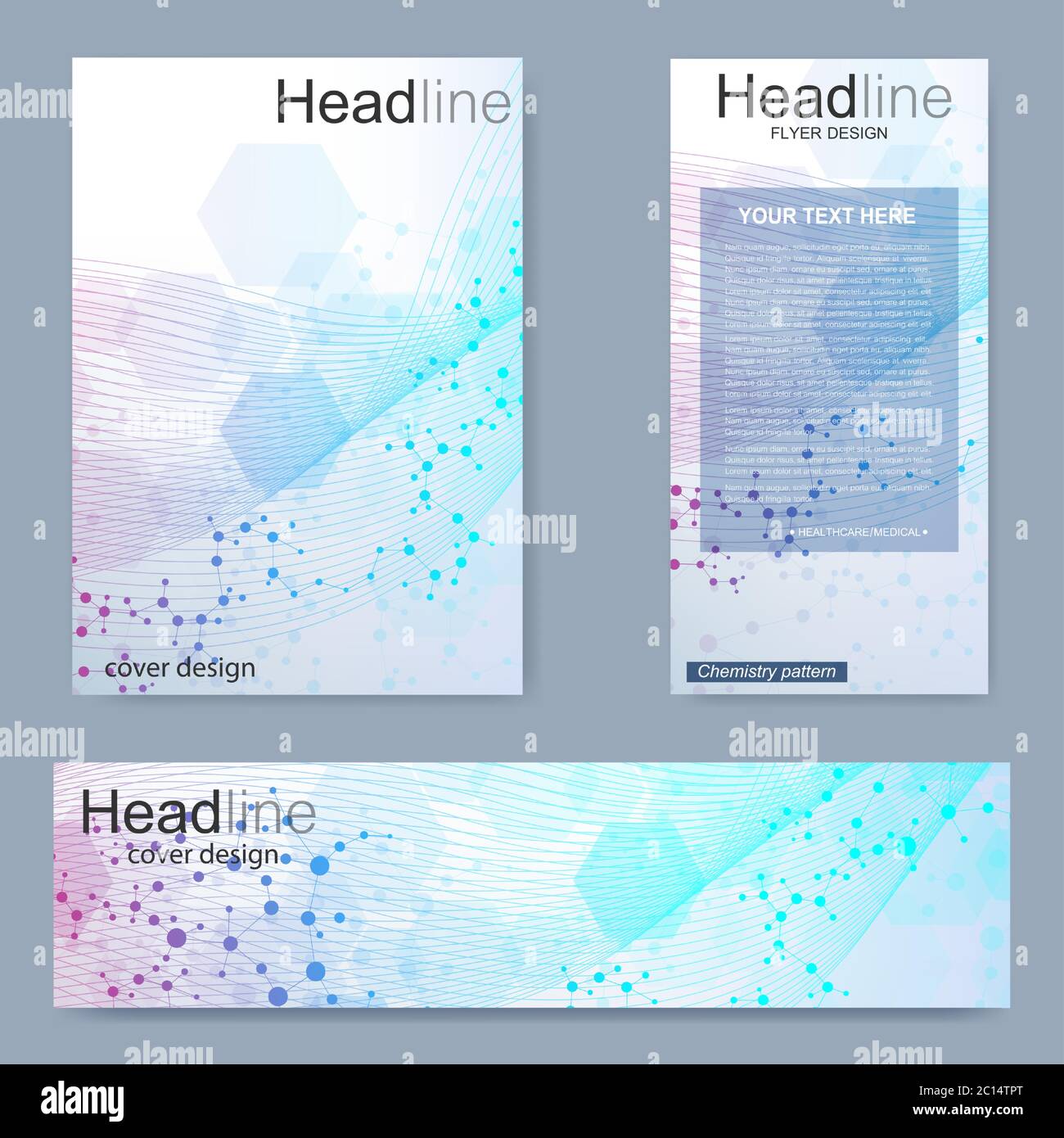 Set flyer, brochure size A4 template,banner. Molecular structure with connected lines and dots.Colorful vector covers with titles Stock Vector